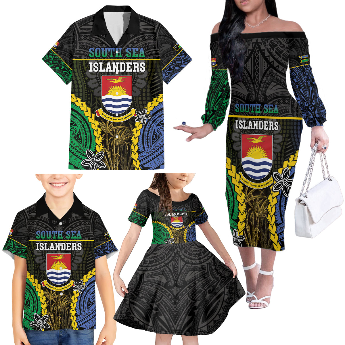 Personalised South Sea Islanders And Gilbert Islands Family Matching Off The Shoulder Long Sleeve Dress and Hawaiian Shirt Kanakas Polynesian Pattern LT05 - Polynesian Pride