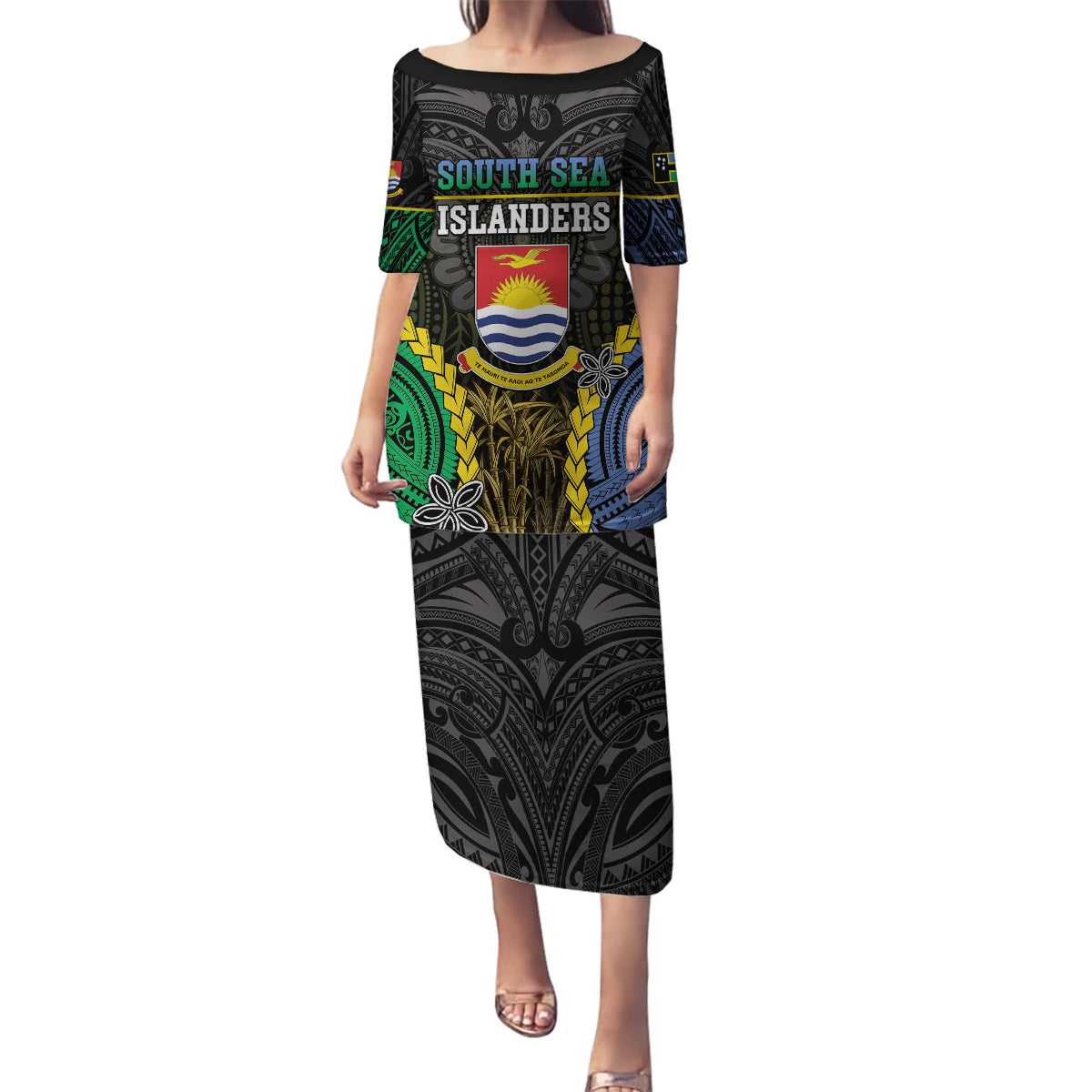 Personalised South Sea Islanders And Gilbert Islands Family Matching Puletasi and Hawaiian Shirt Kanakas Polynesian Pattern LT05 Mom's Dress Black - Polynesian Pride