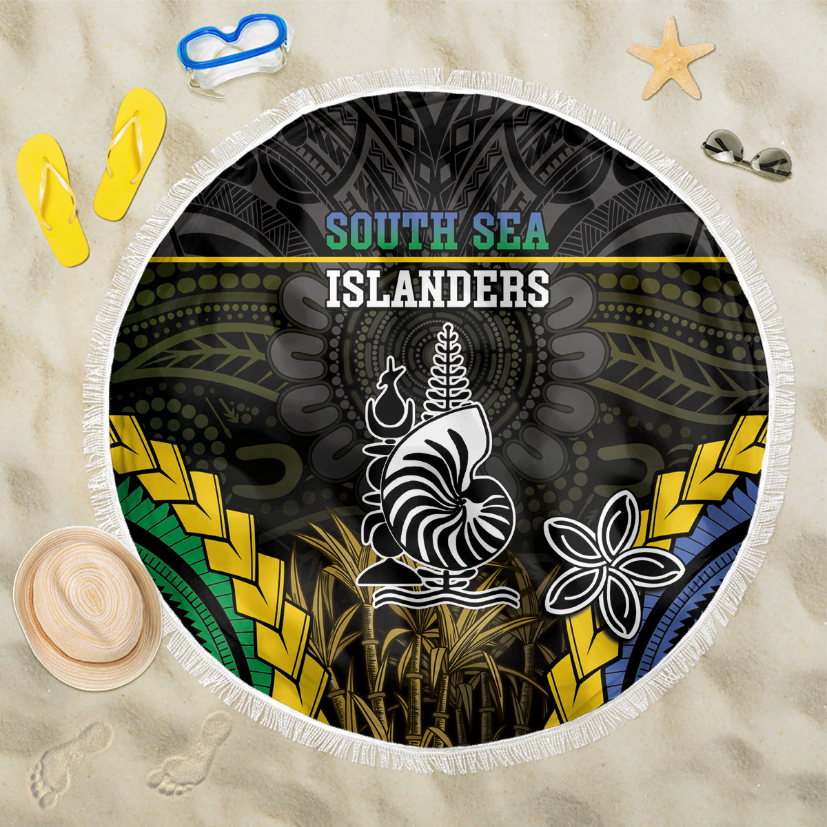 South Sea Islanders And New Caledonia Beach Blanket Kanakas Polynesian Pattern LT05 One Size 150cm Black - Polynesian Pride