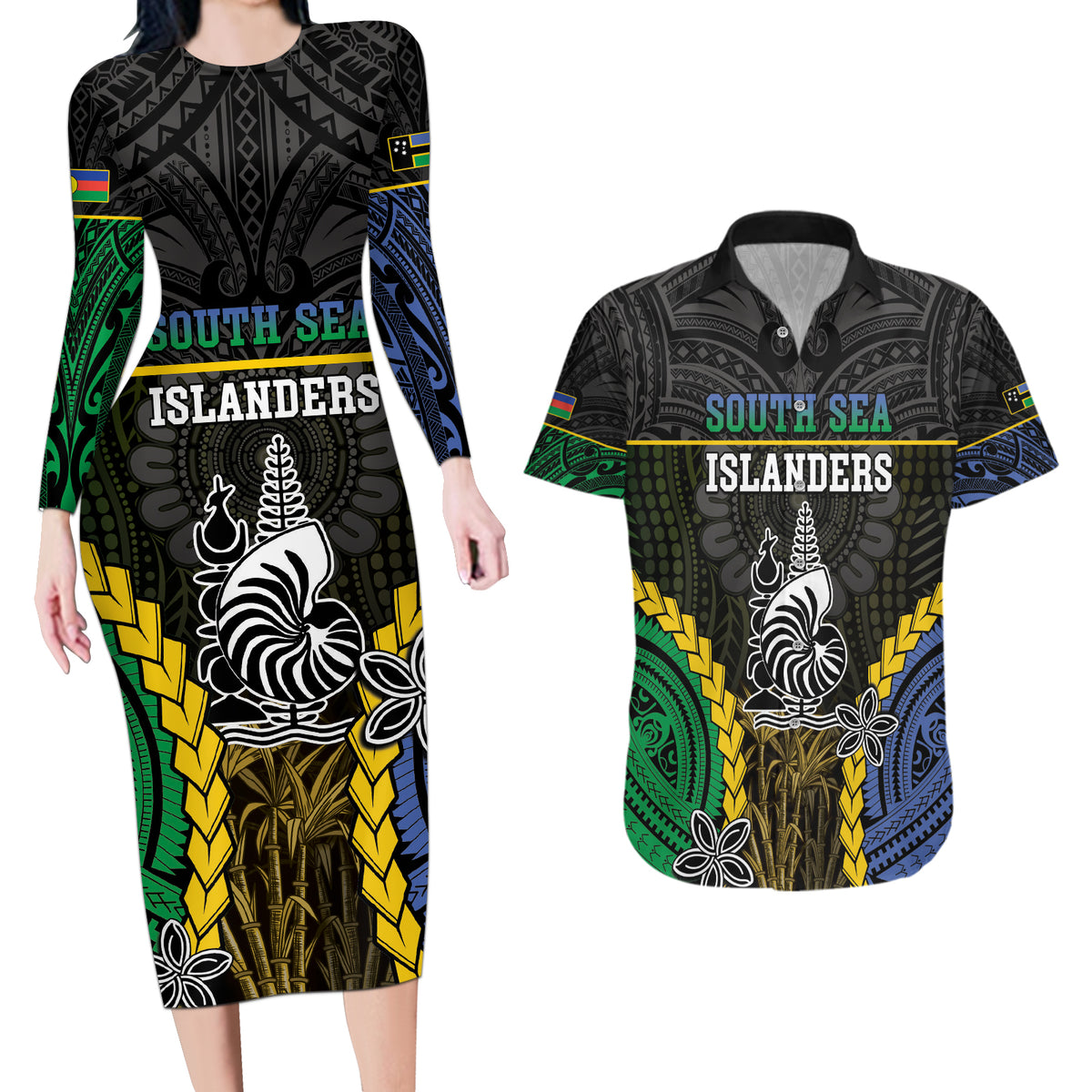 Personalised South Sea Islanders And New Caledonia Couples Matching Long Sleeve Bodycon Dress and Hawaiian Shirt Kanakas Polynesian Pattern LT05 Black - Polynesian Pride