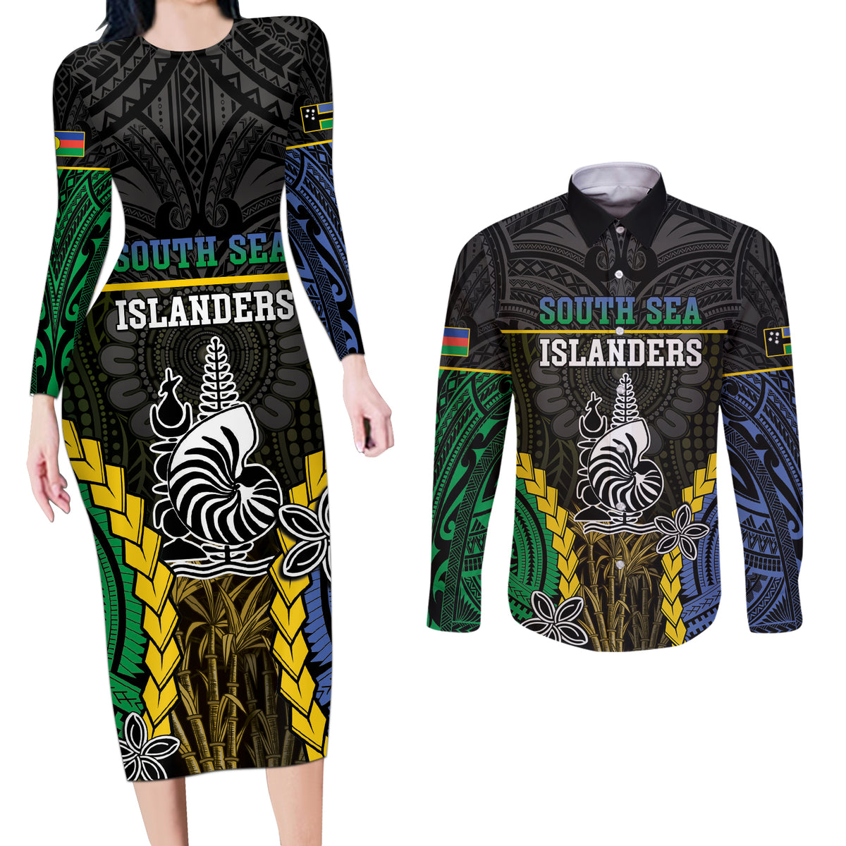Personalised South Sea Islanders And New Caledonia Couples Matching Long Sleeve Bodycon Dress and Long Sleeve Button Shirt Kanakas Polynesian Pattern LT05 Black - Polynesian Pride