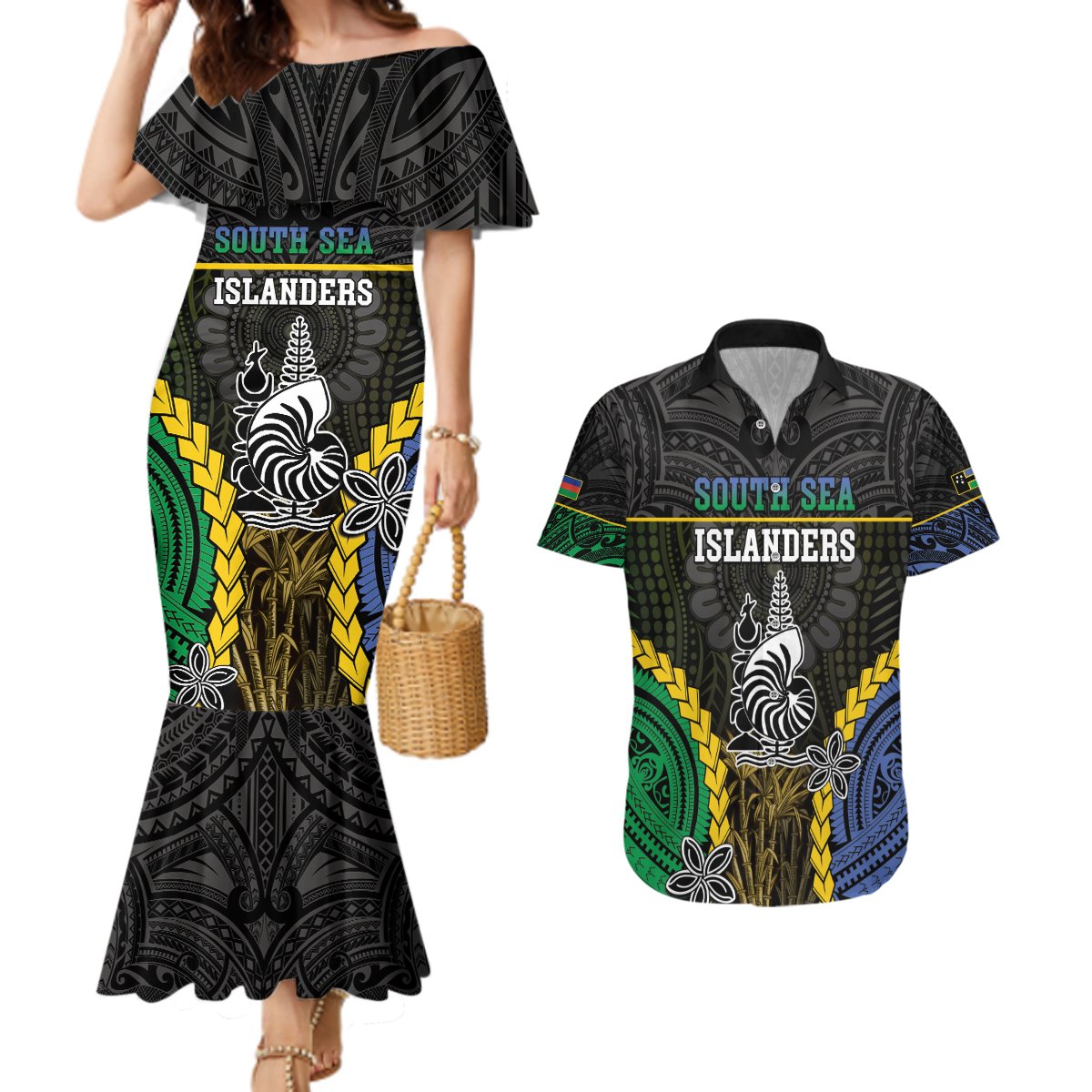 Personalised South Sea Islanders And New Caledonia Couples Matching Mermaid Dress and Hawaiian Shirt Kanakas Polynesian Pattern LT05 Black - Polynesian Pride