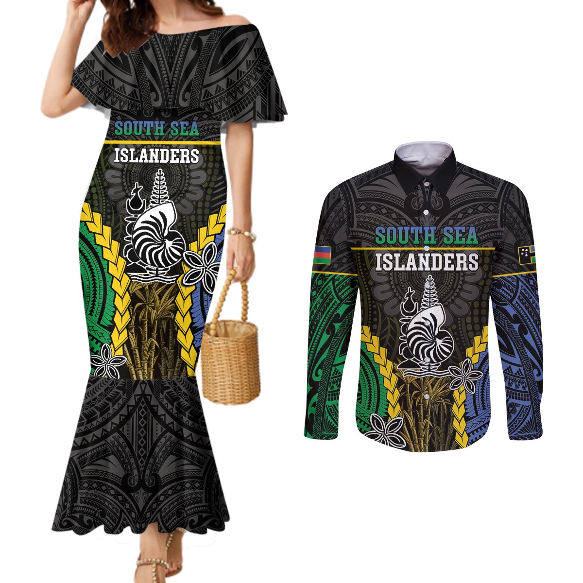 Personalised South Sea Islanders And New Caledonia Couples Matching Mermaid Dress and Long Sleeve Button Shirt Kanakas Polynesian Pattern LT05 Black - Polynesian Pride