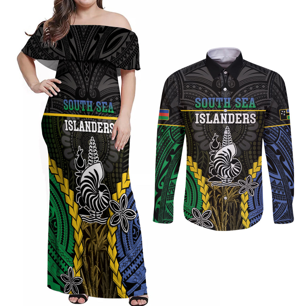 Personalised South Sea Islanders And New Caledonia Couples Matching Off Shoulder Maxi Dress and Long Sleeve Button Shirt Kanakas Polynesian Pattern LT05 Black - Polynesian Pride