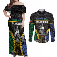 Personalised South Sea Islanders And New Caledonia Couples Matching Off Shoulder Maxi Dress and Long Sleeve Button Shirt Kanakas Polynesian Pattern LT05 Black - Polynesian Pride