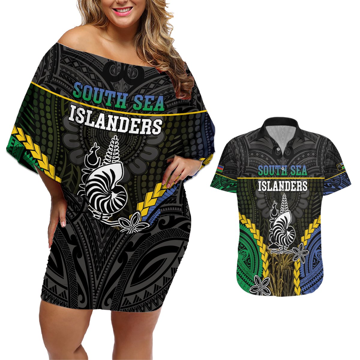 Personalised South Sea Islanders And New Caledonia Couples Matching Off Shoulder Short Dress and Hawaiian Shirt Kanakas Polynesian Pattern LT05 Black - Polynesian Pride