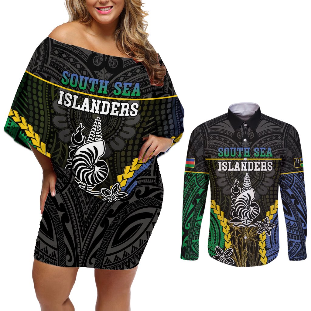 Personalised South Sea Islanders And New Caledonia Couples Matching Off Shoulder Short Dress and Long Sleeve Button Shirt Kanakas Polynesian Pattern LT05 Black - Polynesian Pride