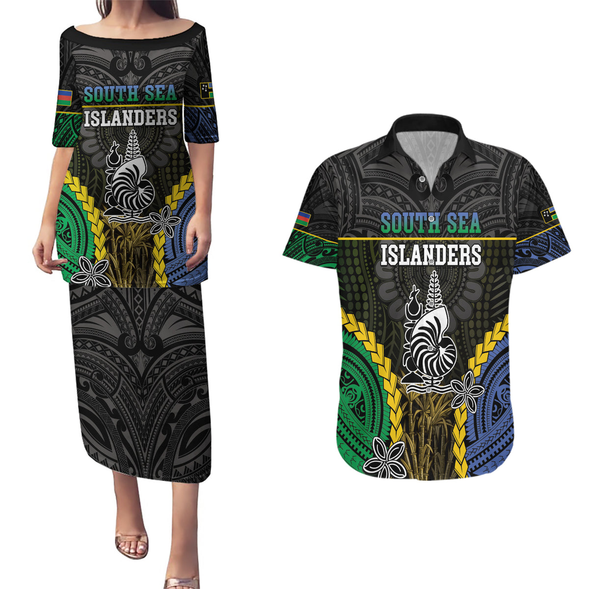 Personalised South Sea Islanders And New Caledonia Couples Matching Puletasi and Hawaiian Shirt Kanakas Polynesian Pattern LT05 Black - Polynesian Pride