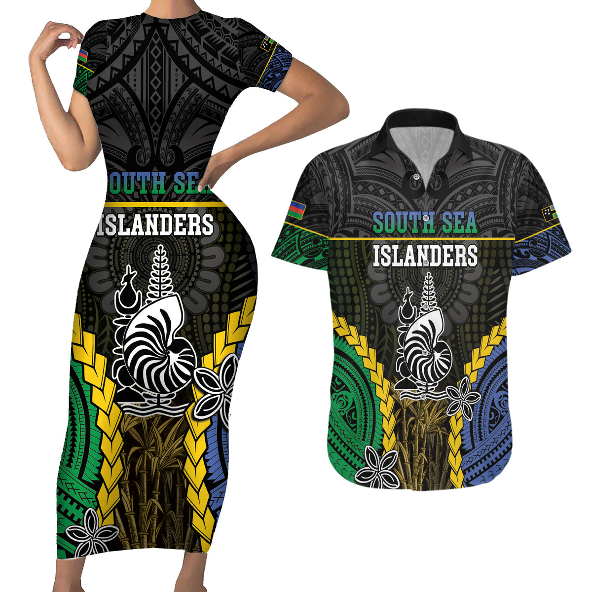 Personalised South Sea Islanders And New Caledonia Couples Matching Short Sleeve Bodycon Dress and Hawaiian Shirt Kanakas Polynesian Pattern LT05 Black - Polynesian Pride