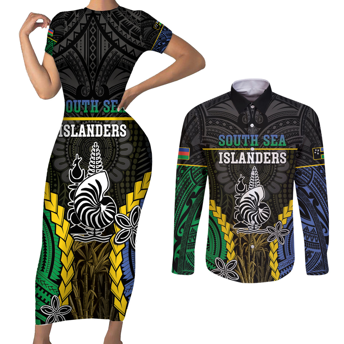 Personalised South Sea Islanders And New Caledonia Couples Matching Short Sleeve Bodycon Dress and Long Sleeve Button Shirt Kanakas Polynesian Pattern LT05 Black - Polynesian Pride