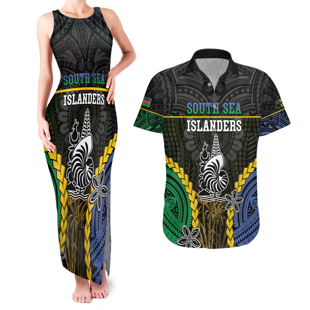 Personalised South Sea Islanders And New Caledonia Couples Matching Tank Maxi Dress and Hawaiian Shirt Kanakas Polynesian Pattern LT05 Black - Polynesian Pride