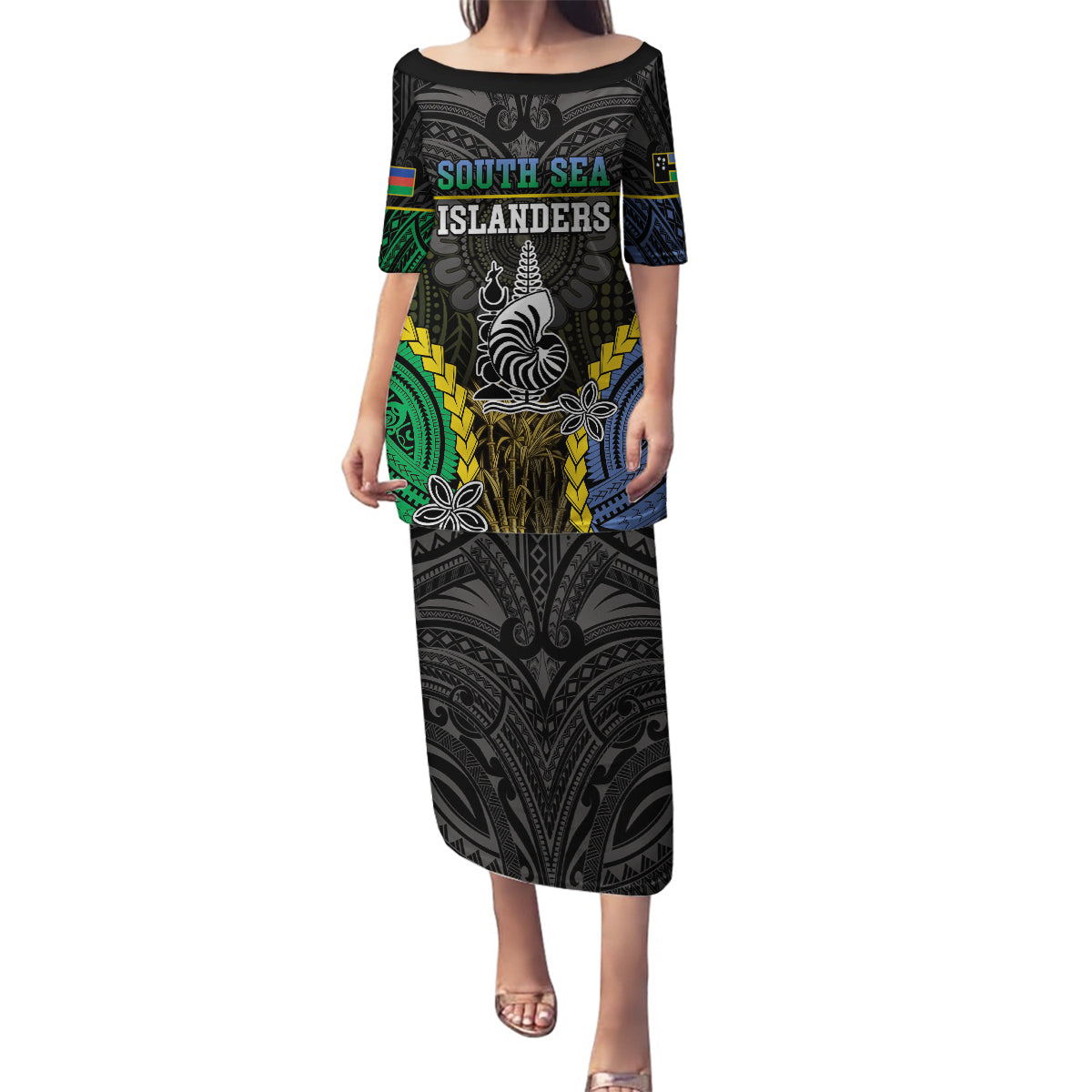 Personalised South Sea Islanders And New Caledonia Family Matching Puletasi and Hawaiian Shirt Kanakas Polynesian Pattern LT05 Mom's Dress Black - Polynesian Pride