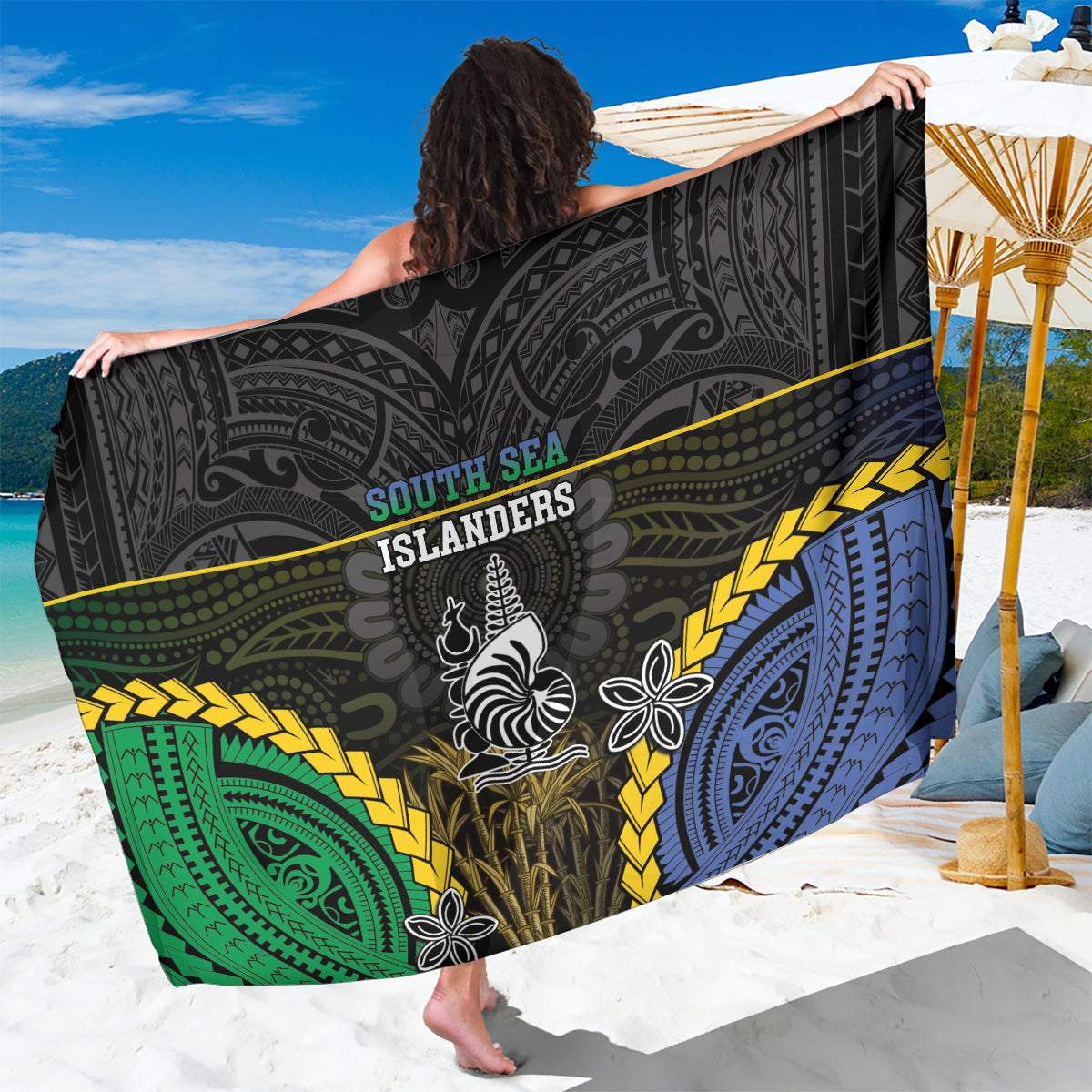 South Sea Islanders And New Caledonia Sarong Kanakas Polynesian Pattern LT05 One Size 44 x 66 inches Black - Polynesian Pride