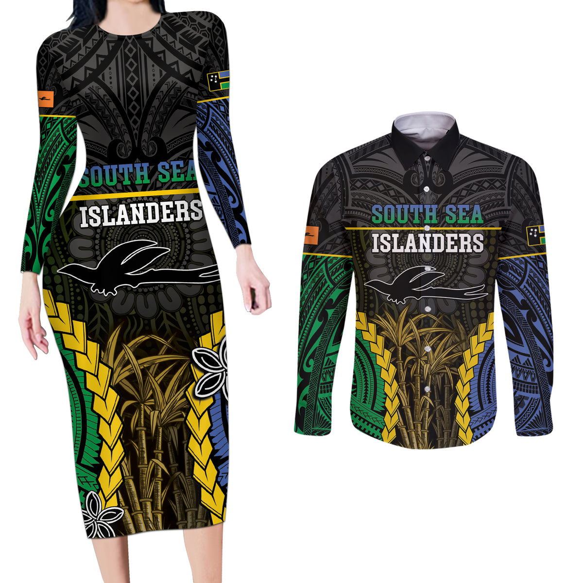 Personalised South Sea Islanders And New Ireland Couples Matching Long Sleeve Bodycon Dress and Long Sleeve Button Shirt Kanakas Polynesian Pattern LT05 Black - Polynesian Pride