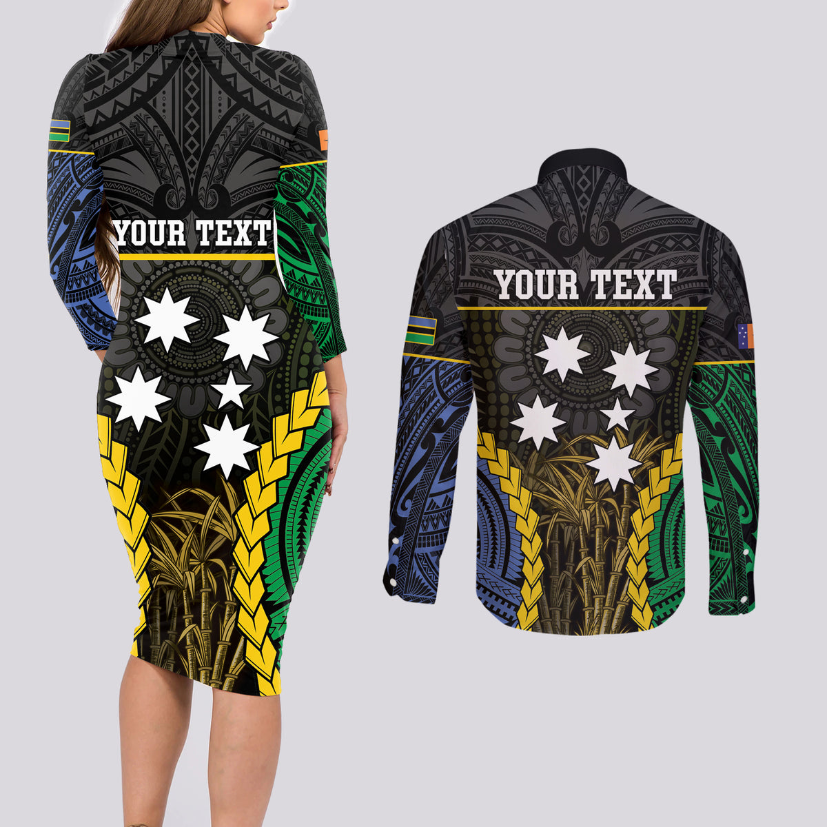Personalised South Sea Islanders And New Ireland Couples Matching Long Sleeve Bodycon Dress and Long Sleeve Button Shirt Kanakas Polynesian Pattern LT05 - Polynesian Pride