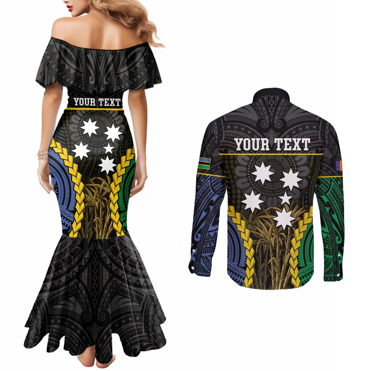 Personalised South Sea Islanders And New Ireland Couples Matching Mermaid Dress and Long Sleeve Button Shirt Kanakas Polynesian Pattern LT05 - Polynesian Pride