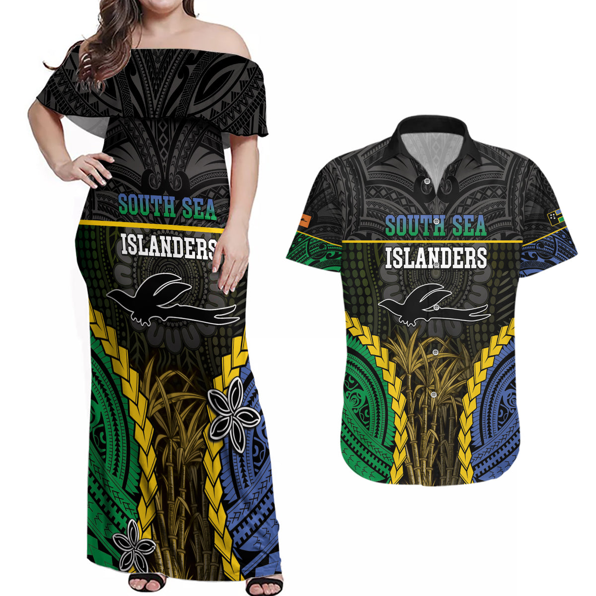 Personalised South Sea Islanders And New Ireland Couples Matching Off Shoulder Maxi Dress and Hawaiian Shirt Kanakas Polynesian Pattern LT05 Black - Polynesian Pride