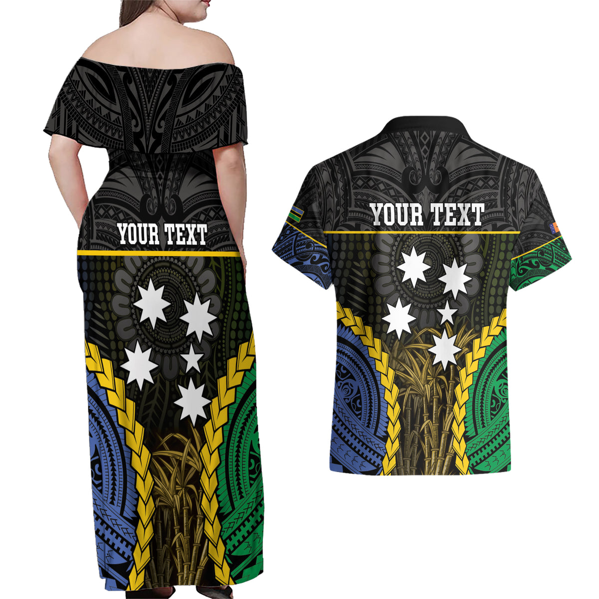 Personalised South Sea Islanders And New Ireland Couples Matching Off Shoulder Maxi Dress and Hawaiian Shirt Kanakas Polynesian Pattern LT05 - Polynesian Pride