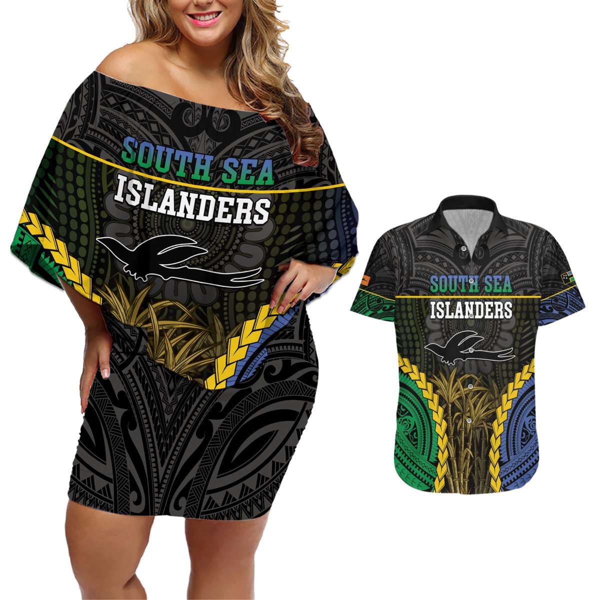 Personalised South Sea Islanders And New Ireland Couples Matching Off Shoulder Short Dress and Hawaiian Shirt Kanakas Polynesian Pattern LT05 Black - Polynesian Pride