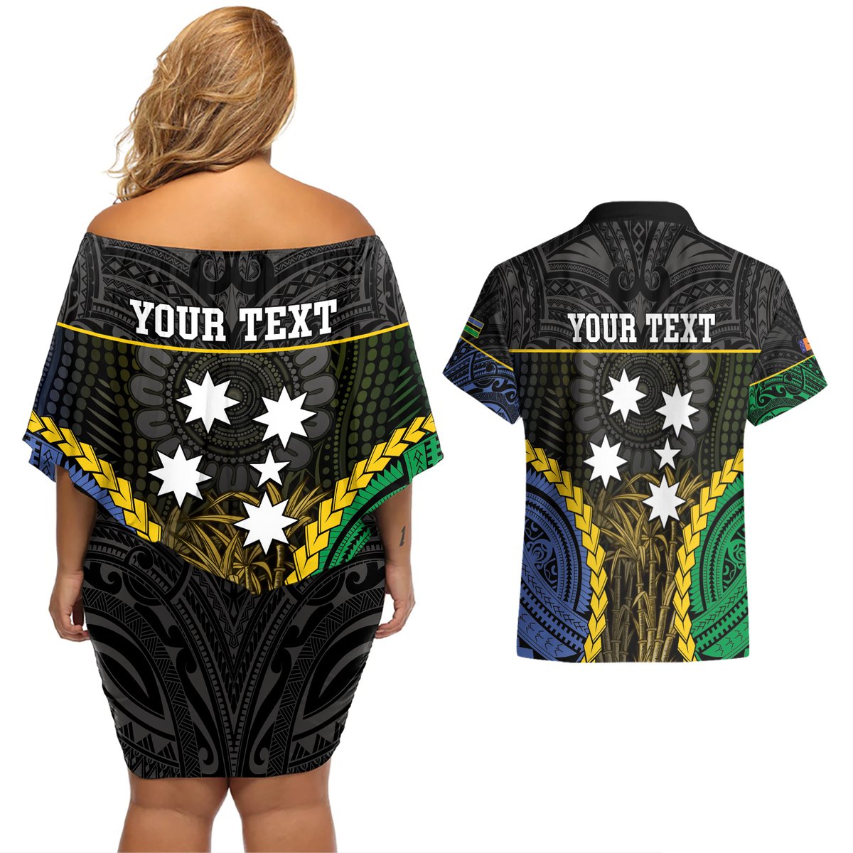 Personalised South Sea Islanders And New Ireland Couples Matching Off Shoulder Short Dress and Hawaiian Shirt Kanakas Polynesian Pattern LT05 - Polynesian Pride