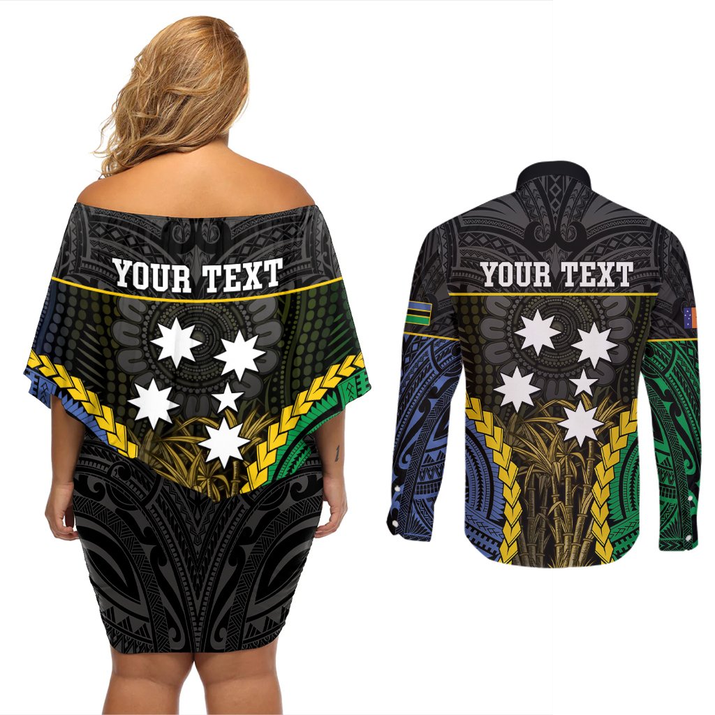 Personalised South Sea Islanders And New Ireland Couples Matching Off Shoulder Short Dress and Long Sleeve Button Shirt Kanakas Polynesian Pattern LT05 - Polynesian Pride
