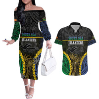 Personalised South Sea Islanders And New Ireland Couples Matching Off The Shoulder Long Sleeve Dress and Hawaiian Shirt Kanakas Polynesian Pattern LT05 Black - Polynesian Pride