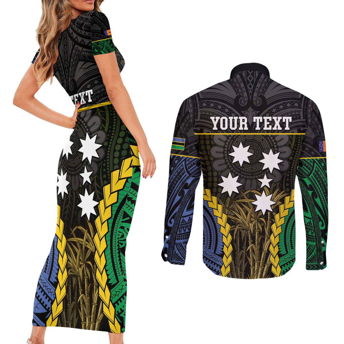 Personalised South Sea Islanders And New Ireland Couples Matching Short Sleeve Bodycon Dress and Long Sleeve Button Shirt Kanakas Polynesian Pattern LT05 - Polynesian Pride