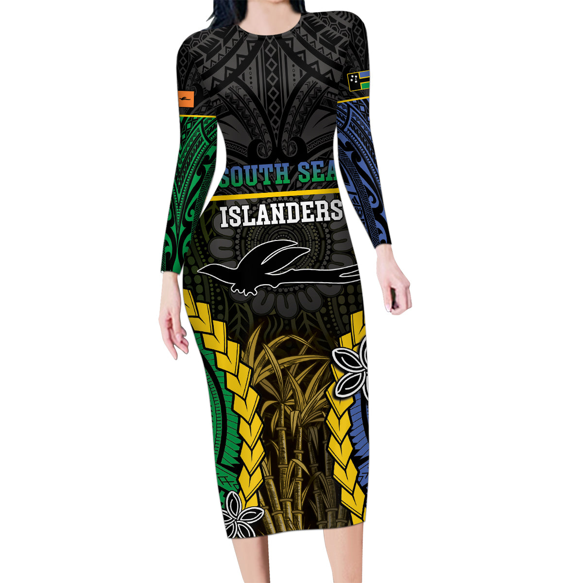 Personalised South Sea Islanders And New Ireland Family Matching Long Sleeve Bodycon Dress and Hawaiian Shirt Kanakas Polynesian Pattern LT05 Mom's Dress Black - Polynesian Pride