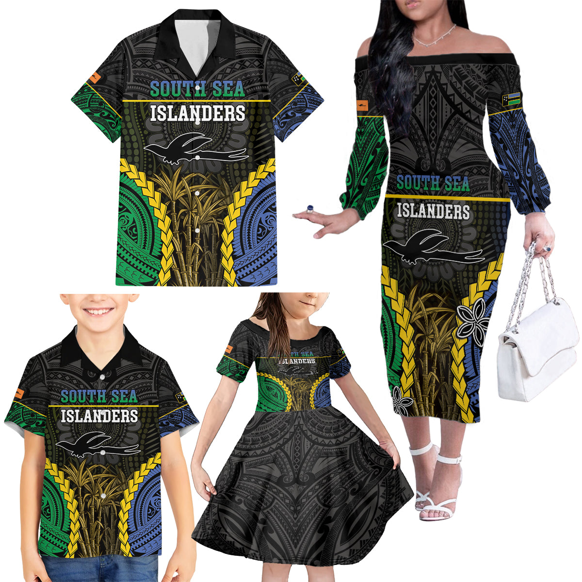 Personalised South Sea Islanders And New Ireland Family Matching Off The Shoulder Long Sleeve Dress and Hawaiian Shirt Kanakas Polynesian Pattern LT05 - Polynesian Pride