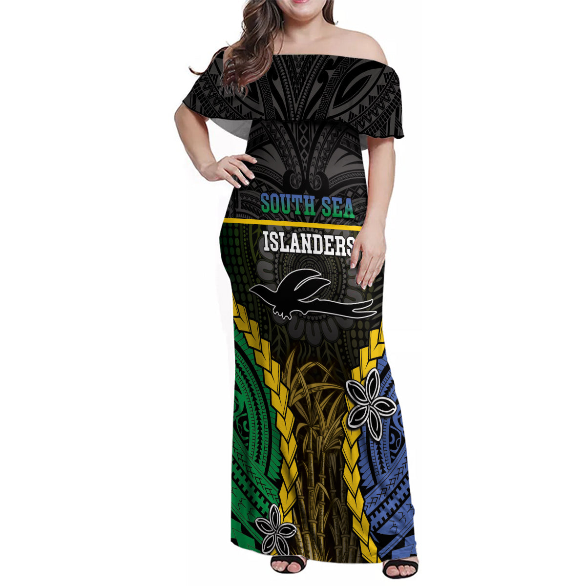 Personalised South Sea Islanders And New Ireland Family Matching Off Shoulder Maxi Dress and Hawaiian Shirt Kanakas Polynesian Pattern LT05 Mom's Dress Black - Polynesian Pride