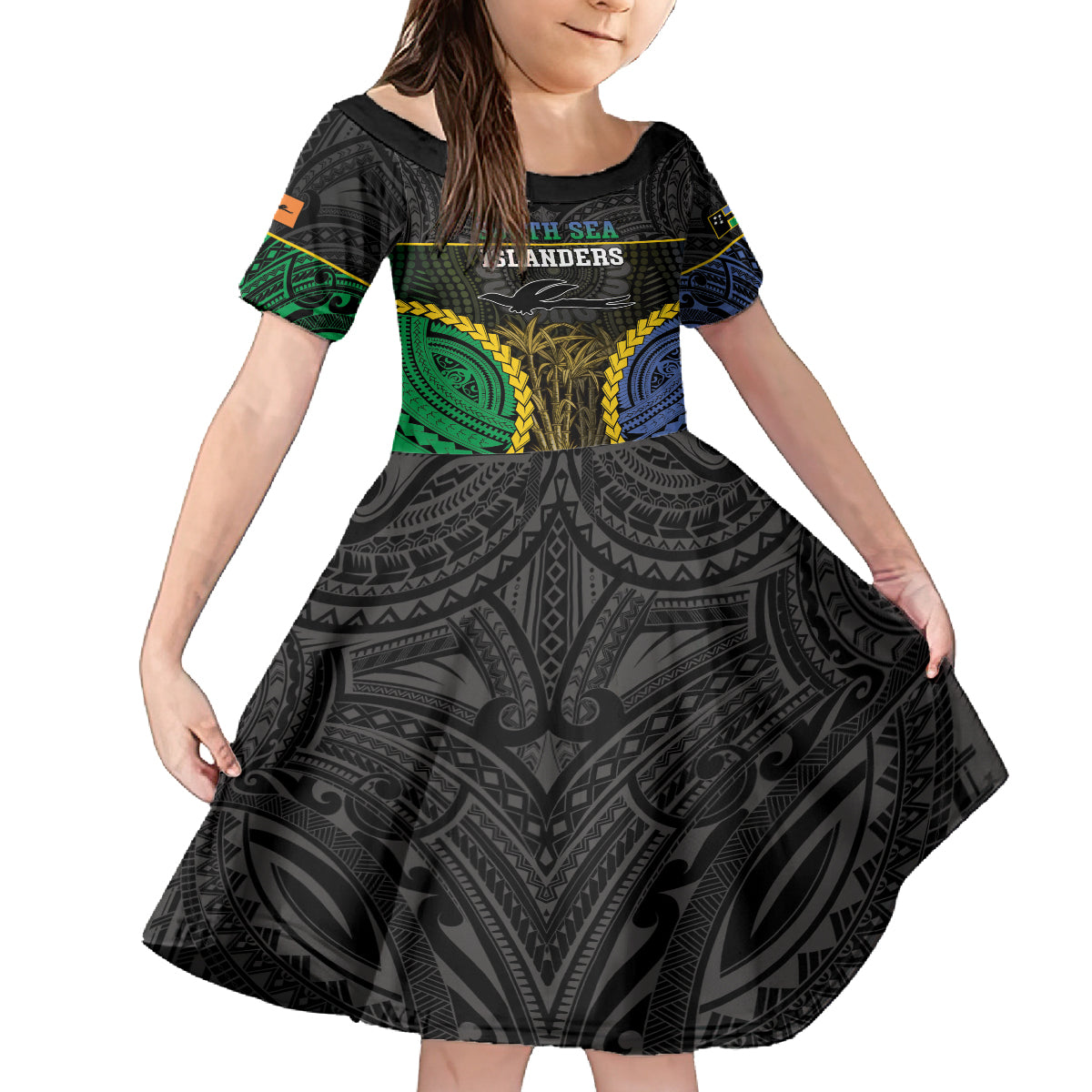 Personalised South Sea Islanders And New Ireland Family Matching Tank Maxi Dress and Hawaiian Shirt Kanakas Polynesian Pattern LT05 Daughter's Dress Black - Polynesian Pride