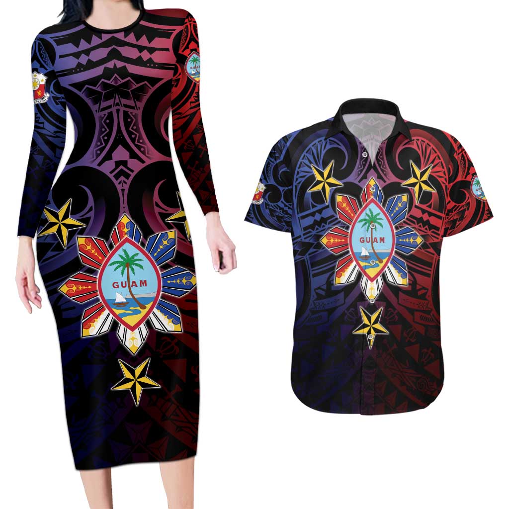 Philippines Guam Couples Matching Long Sleeve Bodycon Dress and Hawaiian Shirt Filipino Sun With Guaman Seal LT05 Blue - Polynesian Pride