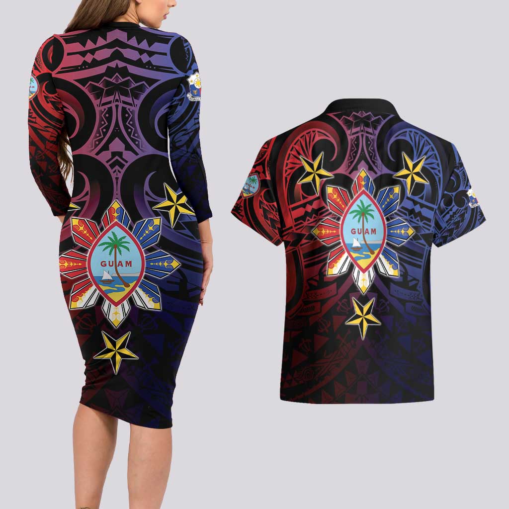 Philippines Guam Couples Matching Long Sleeve Bodycon Dress and Hawaiian Shirt Filipino Sun With Guaman Seal LT05 - Polynesian Pride