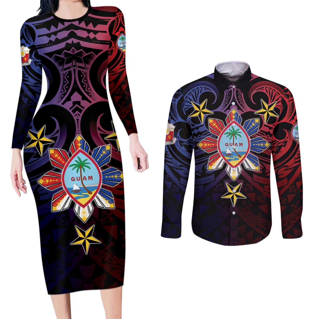 Philippines Guam Couples Matching Long Sleeve Bodycon Dress and Long Sleeve Button Shirt Filipino Sun With Guaman Seal LT05 Blue - Polynesian Pride