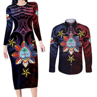 Philippines Guam Couples Matching Long Sleeve Bodycon Dress and Long Sleeve Button Shirt Filipino Sun With Guaman Seal LT05 Blue - Polynesian Pride