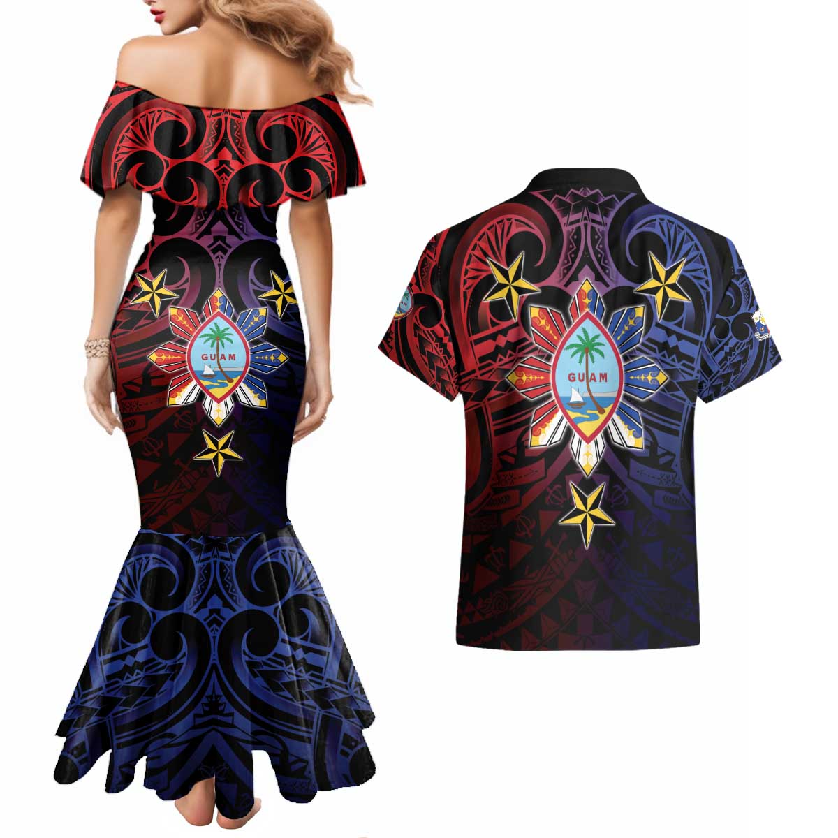 Philippines Guam Couples Matching Mermaid Dress and Hawaiian Shirt Filipino Sun With Guaman Seal LT05 - Polynesian Pride