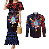Philippines Guam Couples Matching Mermaid Dress and Long Sleeve Button Shirt Filipino Sun With Guaman Seal LT05 Blue - Polynesian Pride
