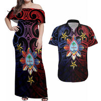 Philippines Guam Couples Matching Off Shoulder Maxi Dress and Hawaiian Shirt Filipino Sun With Guaman Seal LT05 Blue - Polynesian Pride
