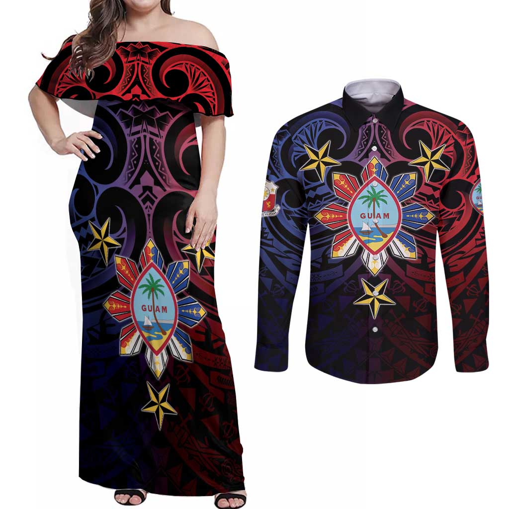 Philippines Guam Couples Matching Off Shoulder Maxi Dress and Long Sleeve Button Shirt Filipino Sun With Guaman Seal LT05 Blue - Polynesian Pride
