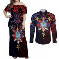 Philippines Guam Couples Matching Off Shoulder Maxi Dress and Long Sleeve Button Shirt Filipino Sun With Guaman Seal LT05 Blue - Polynesian Pride