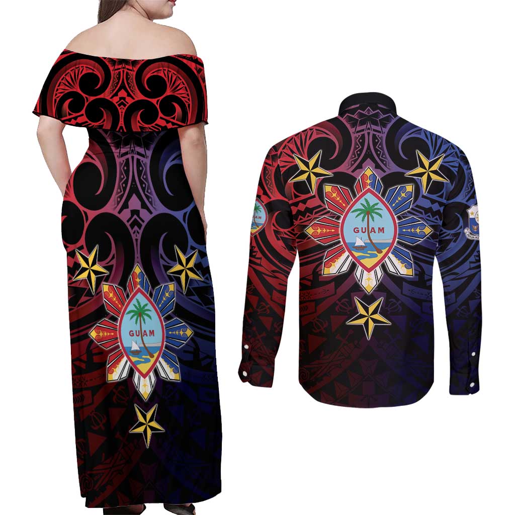 Philippines Guam Couples Matching Off Shoulder Maxi Dress and Long Sleeve Button Shirt Filipino Sun With Guaman Seal LT05 - Polynesian Pride