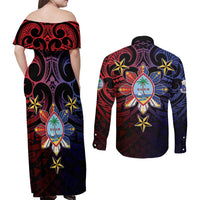 Philippines Guam Couples Matching Off Shoulder Maxi Dress and Long Sleeve Button Shirt Filipino Sun With Guaman Seal LT05 - Polynesian Pride