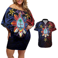 Philippines Guam Couples Matching Off Shoulder Short Dress and Hawaiian Shirt Filipino Sun With Guaman Seal LT05 Blue - Polynesian Pride