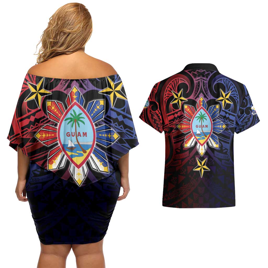 Philippines Guam Couples Matching Off Shoulder Short Dress and Hawaiian Shirt Filipino Sun With Guaman Seal LT05 - Polynesian Pride