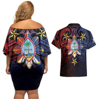 Philippines Guam Couples Matching Off Shoulder Short Dress and Hawaiian Shirt Filipino Sun With Guaman Seal LT05 - Polynesian Pride