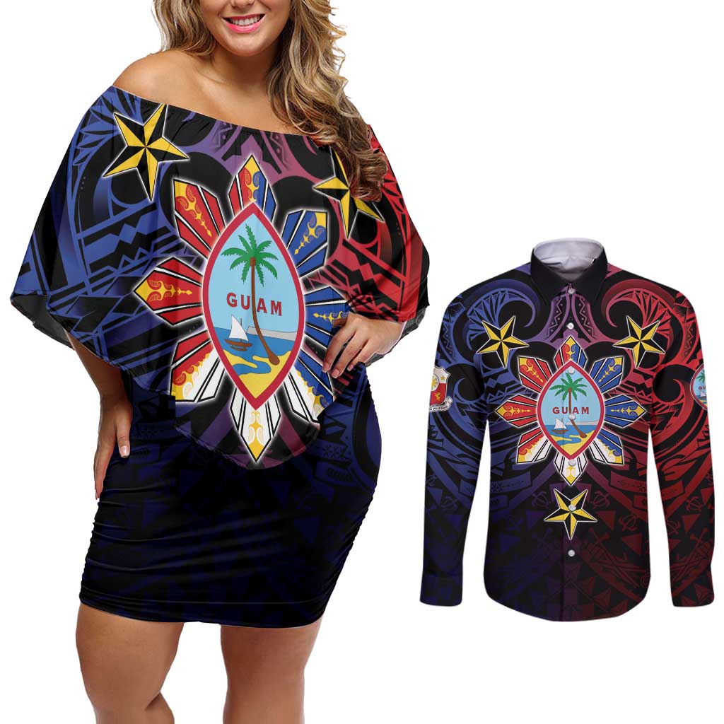 Philippines Guam Couples Matching Off Shoulder Short Dress and Long Sleeve Button Shirt Filipino Sun With Guaman Seal LT05 Blue - Polynesian Pride