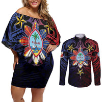 Philippines Guam Couples Matching Off Shoulder Short Dress and Long Sleeve Button Shirt Filipino Sun With Guaman Seal LT05 Blue - Polynesian Pride