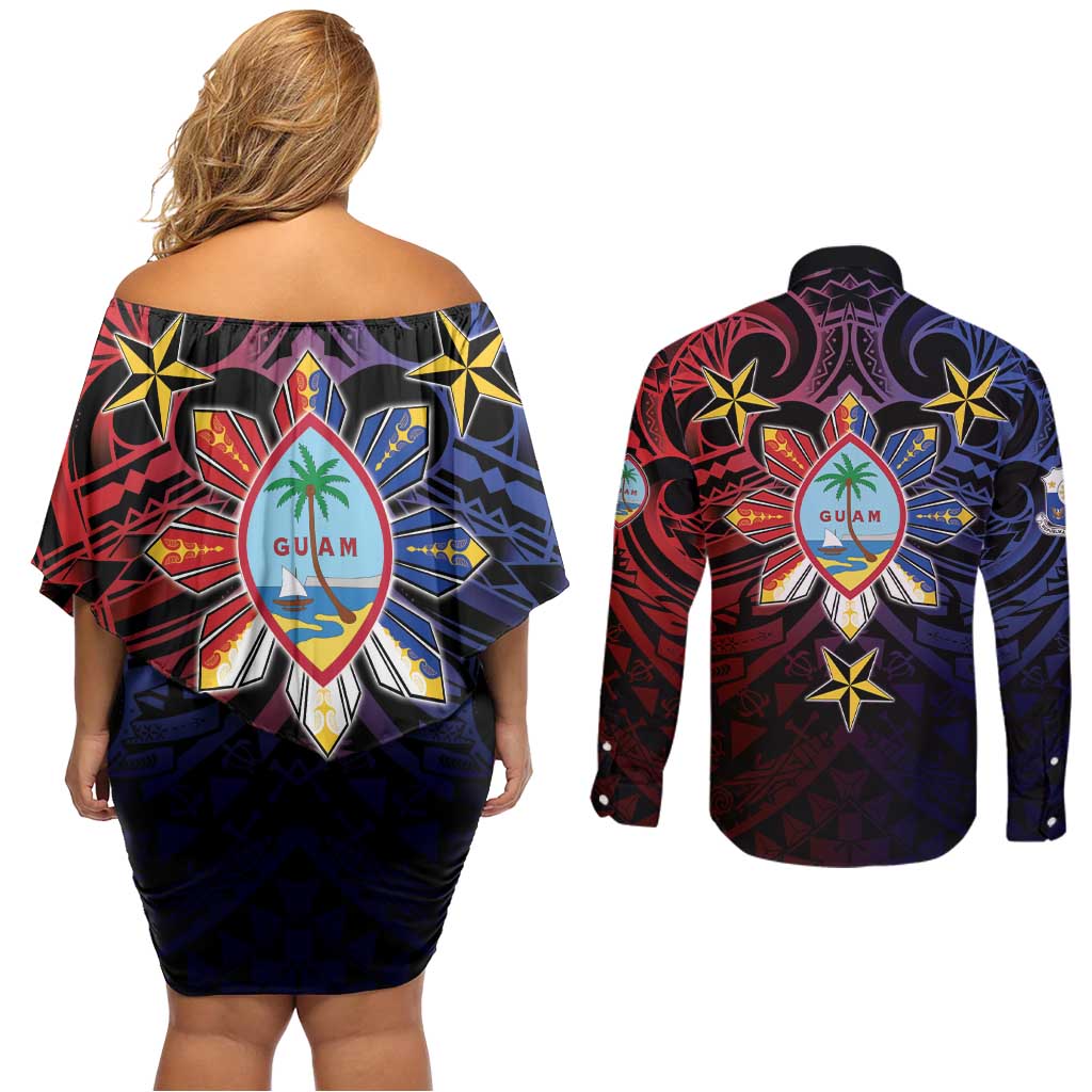 Philippines Guam Couples Matching Off Shoulder Short Dress and Long Sleeve Button Shirt Filipino Sun With Guaman Seal LT05 - Polynesian Pride