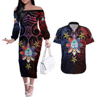 Philippines Guam Couples Matching Off The Shoulder Long Sleeve Dress and Hawaiian Shirt Filipino Sun With Guaman Seal LT05 Blue - Polynesian Pride