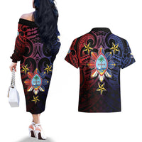 Philippines Guam Couples Matching Off The Shoulder Long Sleeve Dress and Hawaiian Shirt Filipino Sun With Guaman Seal LT05 - Polynesian Pride